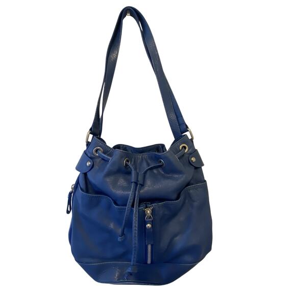 Garnett Hill Blue Leather Tote Purse Italy Made Zip Front Shoulder Strap Medium - Picture 1 of 11